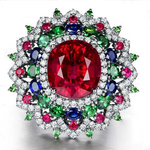 Luxurious Silver Natural Gemstones Ruby And Emerald and Sapphire White Sapphire  Size 10