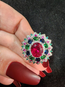 Luxurious Silver Natural Gemstones Ruby And Emerald and Sapphire White Sapphire  Size 9